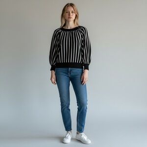 Ann Mashburn Black Striped Cotton Pullover Blouse